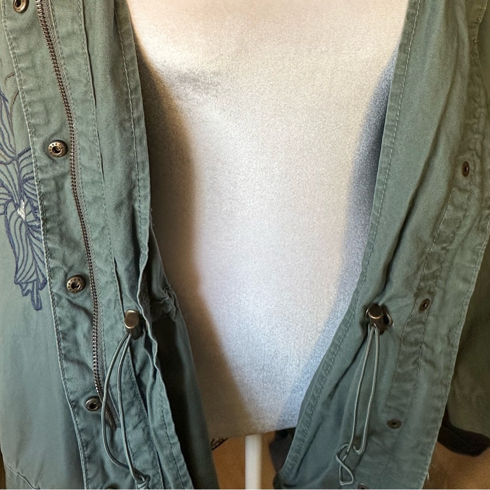 Kensie Utility Jacket in Light Olive Green with Floral Embroidery - Picture 12 of 14